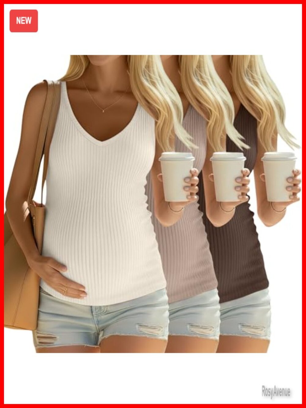 3 Pack Maternity Tank Tops Ribbed V Neck Sleeveless Slim Fit